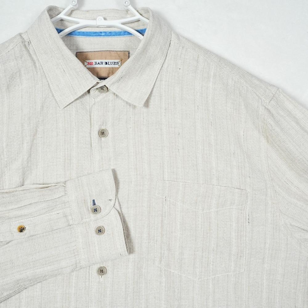 32 Bar Blues Men XL Oatmeal Beige Cotton Linen Textured Stripe Button Down Shirt